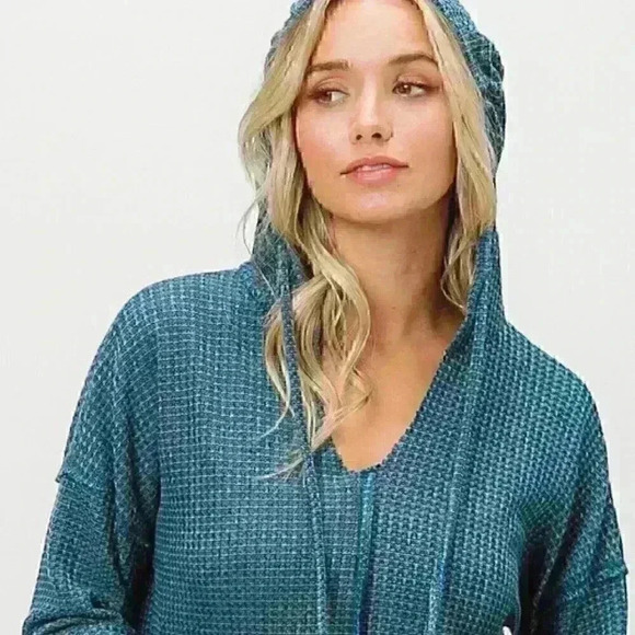 Dark Teal V-Neck Waffle Knit Hoodie Top - Picture 1 of 4